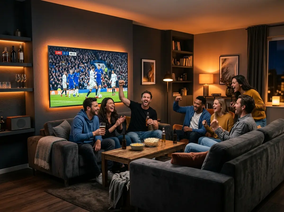 Friends watching live 4K sports on big-screen TV