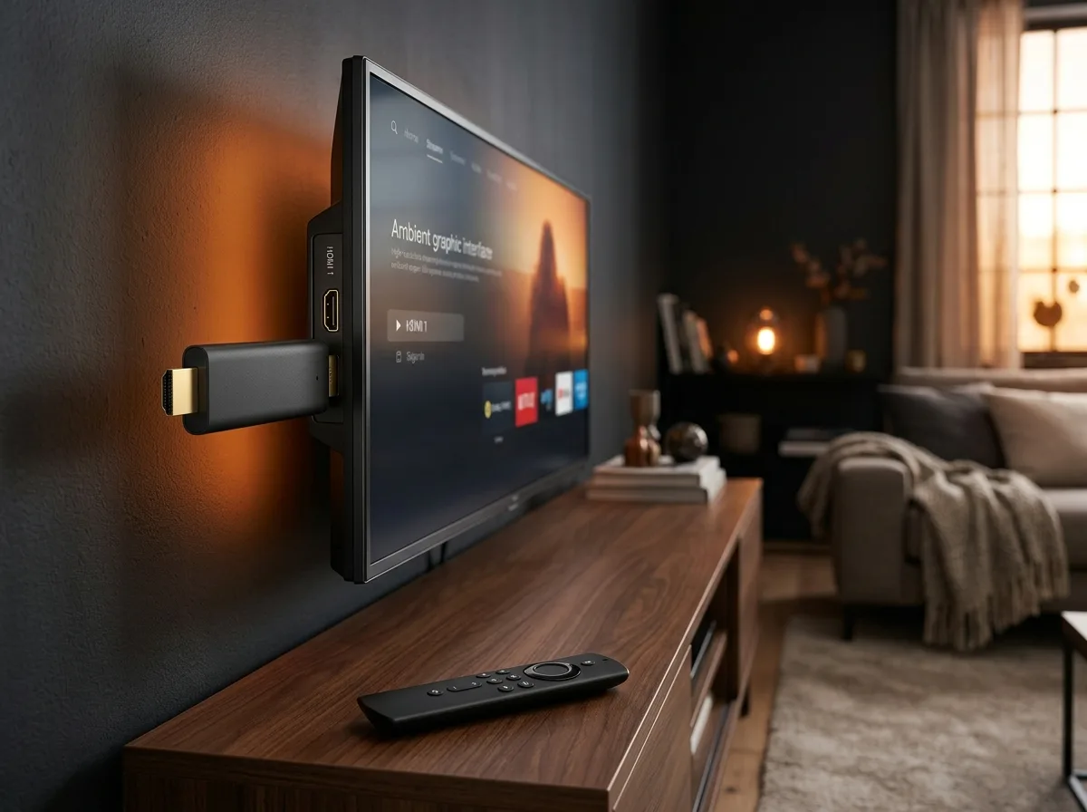EZStream TV Box 4K Streaming Stick plugged into TV