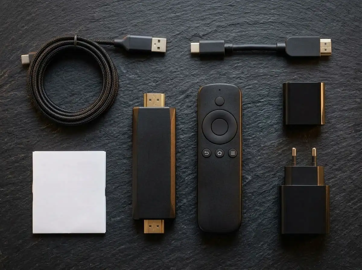 Knolling flat-lay unboxing of EZStream 4K stick, remote, cables, and power plug